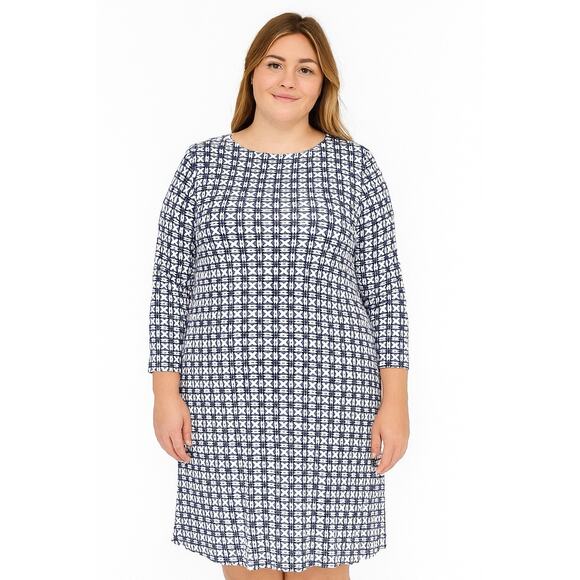 Boden Jersey Tunic Dress Size 20 / 22 Tall Navy Geometric Print Tie Waist V Neck - Picture 1 of 13